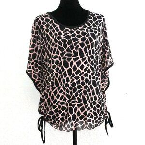 Pink & black Women's butterfly short sleeve blouse top, sheer with animal print,